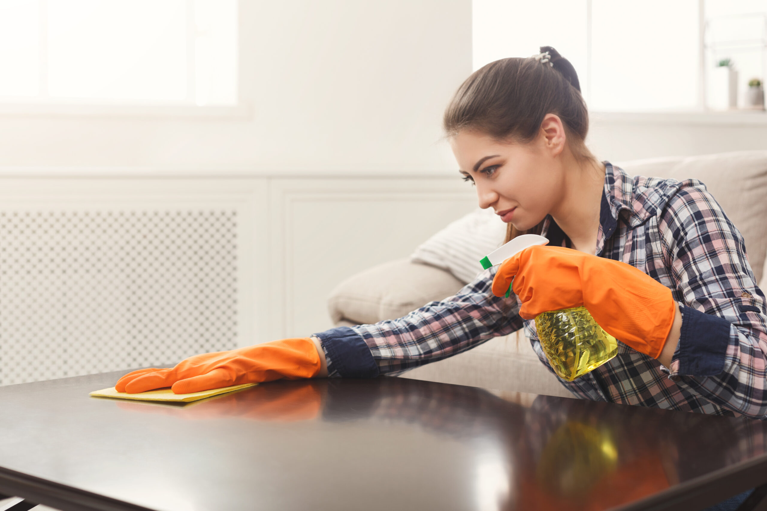 Woman using spray cleaner on wooden surface. Smiling girl cleaning furniture, housework and chores concept, copy space