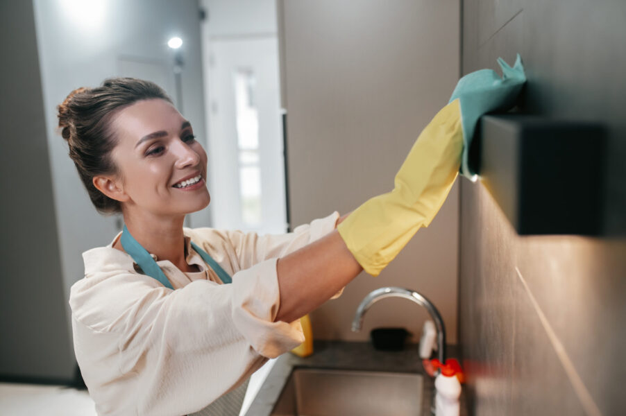 Chores. Young dark-haired woman cleaning the surfaces in the kitchen